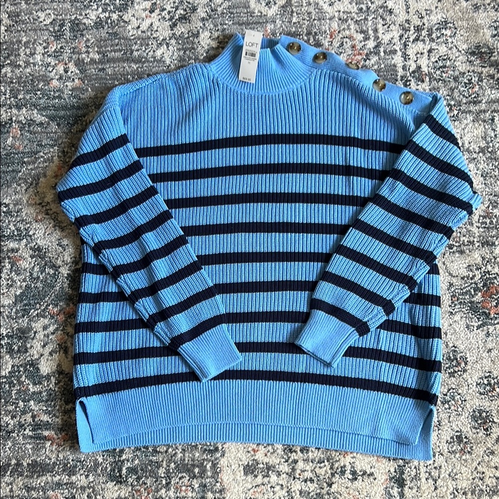 LOFT Blue Striped Sweater with button detail